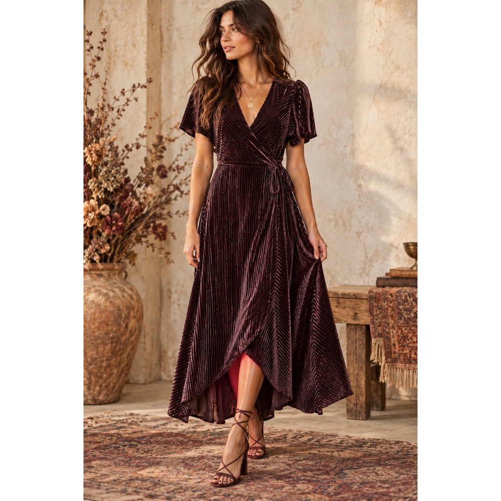 Baltic Born Brown Velvet Ribbed Wrap Dress Short Sleeve Maxi V-Neck Small